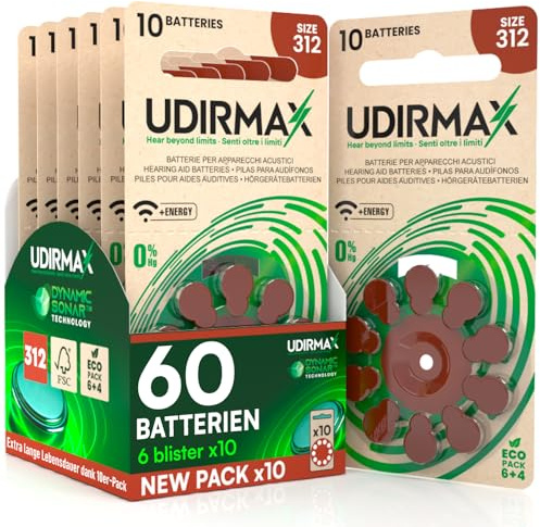 60 Batterie per Apparecchi Acustici PR41 Misura 312 (Marroni) Pile Udirmax Zinco-Aria 0% Mercurio 1,45V Eco Pack - 6 Blister Ecologici da 10 Pile