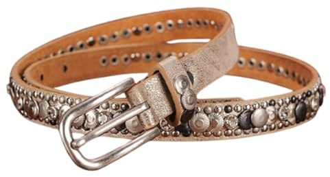 Donna Cintura Sottile in Pelle Con Borchie Larga 2 Cm Cinturino Con Rivetti Rotondi Floreali in Argento Brillante per Jeans, Pantaloni, Abiti(Gold)