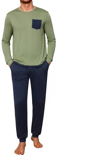 Crewhpo Pijama Hombre Invierno Algodón Conjunto de Pijamas Manga Larga Cuello Redonde Camiseta Ropa de Dormir y Pantalones Largos con Bolsillos