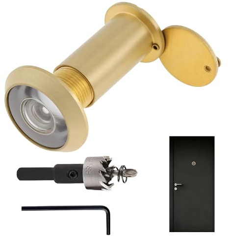 Judas de Porte à 200 Degrés en Verre HD, Oeil de Boeuf Doré pour Portes de 35 à 55 mm, Foret de 16 mm Inclus, Couvercle Anti-Piétinement, Sécurité et Intimité Maximales à Domicile