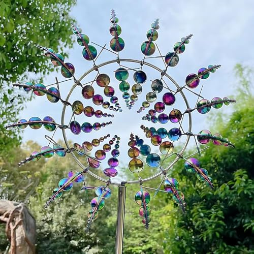 Molino de Viento de Metal, HOVCEH Upgraded Rust-Proof Molinillo de Viento Jardin, 3D 360° Dual Rotors Kinetic Wind Chime para Patio y Jardín