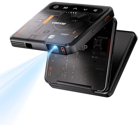 Aurzen Miniproyector con cremallera Tri-Fold con batería, 4 K, compatible con Smart Beamer, pequeño proyector portátil, para exteriores, cine en casa, enfoque automático y corrección trapezoidal