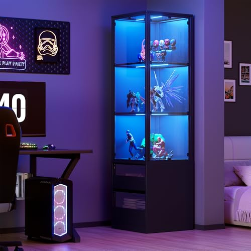 MSFE Vitrina de Esquina,Vitrina de Acrílico con Iluminación LED y Cajones,3 Capas Estantería de Esquina y Estantería para Coleccionables,Juguetes,Libros,Vitrina para Salón,Dormitorio,40 * 40 * 160CM