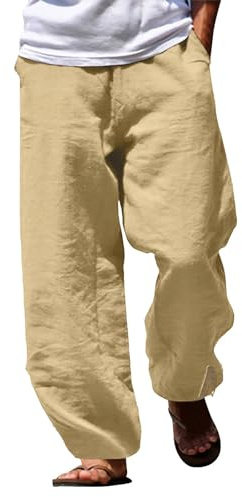 Linnebyxor, herr, sommarbyxor, fritidsbyxor, tygbyxor, lös passform, elastiskt band, bekväma bomullsbyxor, casual, A6