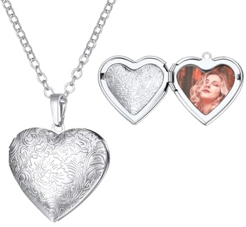 U7 Collier pour Maman Femme Porte Photo Personnalisé Pendentif Médaillon Coeur Motif Fleur avec Chaîne Fine Réglable 55cm Bijoux Fête des Mères