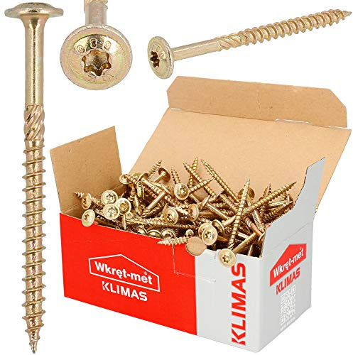 KLIMAS Träskruvar Torx tallrikshuvudsskruvar 8,0 x 100 mm 50 stycken | Tvättmaskiner skruvar terrängskruvar universalskruvar takkonstruktion set TX gul