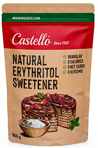 Castello since 1907 Natural Erythritol Sweetener - Granulated | 10g = 7g of sugar | Sugar Substitute - Keto and Paleo - 0 Glycemic - 0 Calories - 0 Net Carbs - Made by corn 100% Non-GMO - 850 g