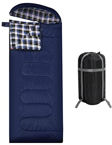 REDCAMP Sac de couchage XL en coton chaud avec capuche amovible, confortable, en flanelle, compact, 3-4 saisons, temps froid, extérieur, hiver, pour la pêche, le camping, bleu marine avec rembourrage