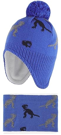 LACOFIA Baby pojkar flickor vintermössa och krage halsduk set stickad småbarn öronflikar mössa barn varm fleece foder hatt med pompom, 2-pack, Blå dinosaurie, 12-24 månader