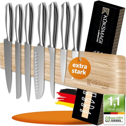KÖKSMAGI® Barra magnética para cuchillos (40 cm) - portacuchillos magnético de bambú con imán extremadamente fuerte para cuchillos pesados - con accesorios para pegar y taladrar