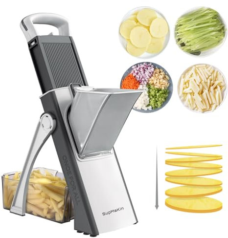 SUPMAKIN Mandoline sûre mise à niveau, hachoir à légumes, trancheuse de pommes de terre réglable, trancheuse alimentaire, amovible, facile à nettoyer, cuisine sûre, artefact gris
