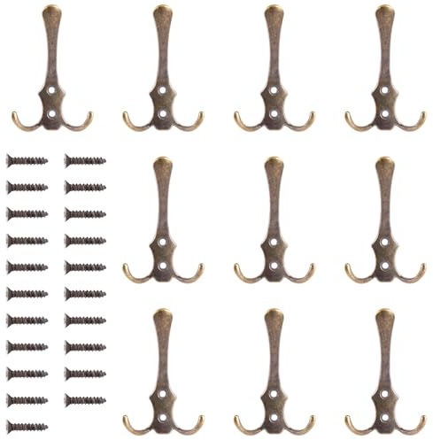 GOWTX 10 Stück Garderobenhaken Bronze, Kleiderhaken Vintage Bronze, Drei Kleiderhaken Wand Haken, Anti-Kratzer Kleider Wandhaken mit Schrauben, Massive Antik Doppel-Haken für Bad Schlafzimmer Küche