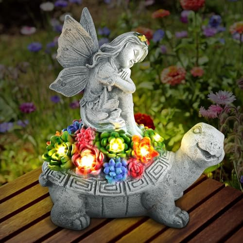 QCXWCJWD Solar Turtle Statue, Large Solar Turtle Garden Ornaments with Succulent and Angel Figurine Waterproof Garden Statue with LED Lights Decoration for Patio, Balcony, Yard, Lawn