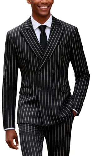 UNINUKOO Mens 2 Piece Pinstripe Suit for Men Double Breasted Tuxedo Business Wedding Dinner Party Jacket Pants Suit Set US Size 36 Black