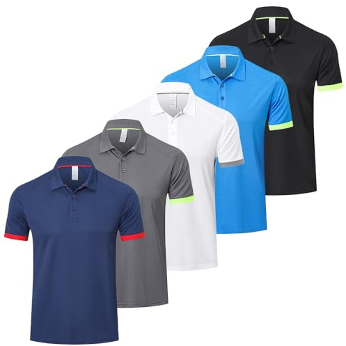 Gaiatiger 5 Pack Mens Polo Shirts Multipack Short Sleeve Breathable Golf Polo Collar Buttoned Mens Tops Gym Sport T Shirts (P8000 Blue L)