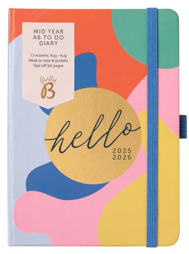 Busy B A6 Diary - Mid-Year Academic Diary - Aug '25 - Aug '26 - Multi Abstract Print Planner Journal - Week-to-View with To-Do Lists, Notes Pages, 3 Pockets, Pen Loop, Year Planner & Elastic Closure