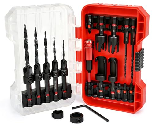 ANGELSWORD Countersink Drill Bit Set, 19 PCS Tapered Drill Bits Counter Sink Drill Bit with 4PCS Wood Plug Cutters, 1PC Magnetic Extension Bit Shaft for Woodworking
