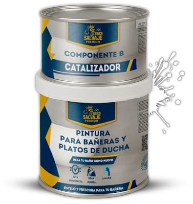 BRICOSALVAJE Pintura para Bañeras y Platos de Ducha de Poliuretano | 750 ml (600+150 ml) | Acabado Cerámico Brillo | Renovación sin Obras | Impermeable y Resistente (Niebla de Invierno)