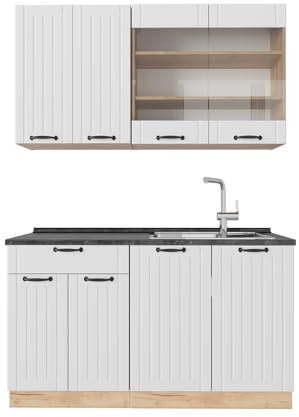 Vicco Singleküche Fame-Line, Weiß Landhaus, 140 cm ohne Arbeitsplatte