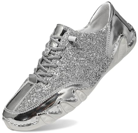 Baskets plates à paillettes pour homme - Respirantes - Strass - Chaussures de sport d'extérieur - Chaussures de course - Chaussures d'été - Chaussures de mariage - Chaussures en tissu, argenté, 41.5