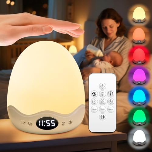 PIKOY Egg Light Baby Night Light with Clock,10 Colors new Born Baby Gift | 10 Brightness Levels, 3600mAh,Touch & Remote Control,Timer,Night Feeds,Perfect for Baby,Toddler,Kids Gift& Newborn essentials