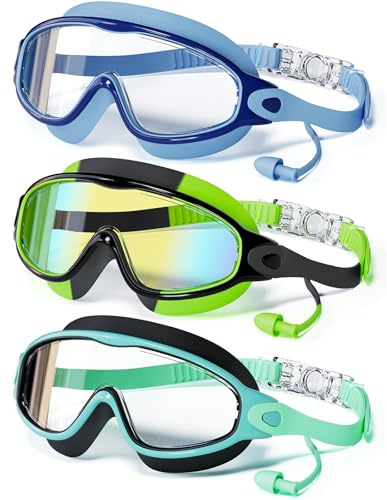 CMBJJU Confezione da 3 occhialini da nuoto per bambini con tappi per le orecchie, montatura grande, anti-appannamento/UV, occhialini da nuoto per ragazzi e ragazze 4-12 (3 confezioni-blu+verde