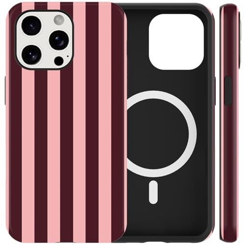 Paovkoi Magnetiskt fodral för iPhone 15 Pro MAX, estetisk sommar ränder ränder design silikon dam skal, stötsäker kameraskydd för iPhone 15 Pro MAX 6,7 tum - rosa röd