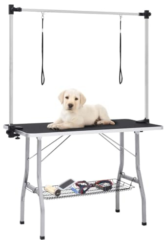 QUAHEAS Tavolo da toelettatura regolabile per cani e gatti, con 2 passanti, superficie antiscivolo, pieghevole, cestino portaoggetti, 110 x 60 x 76 cm, ideale per toelettatura, spazzola, forbici