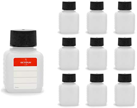 Octopus Bouteilles en Plastique 10 x 50 ML, Bouteilles en Plastique PE-HD avec Bouchon à vis de Noire, Bouteilles vides avec Bouchons à vis Noire, Bouteilles carrées. Dix étiquettes incluses.