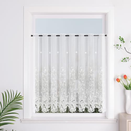 Yujiao Mao Scheibengardine Küchengardinen Bistrogardine Mit Besticke Weiß Blumen Küche Vorhang Tür Halbtransparent HxB 90x150cm 1 Stück