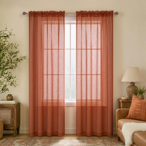 Terracotta halvgenomskinliga gardiner 213 cm långa för vardagsrum 2 paneler set stång ficka fönster dekor falskt linne draperier ljusfiltrering texturerade roströda gardiner för sovrum 132 x 213 cm