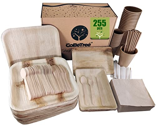 Vajilla Desechable Hoja de palma de 255 piezas para 25 personas. Platos Desechables Cuadrados con bandejas, cubiertos de madera, vasos Kraft y vasos para café con paletinas. Camping y Barbacoa.