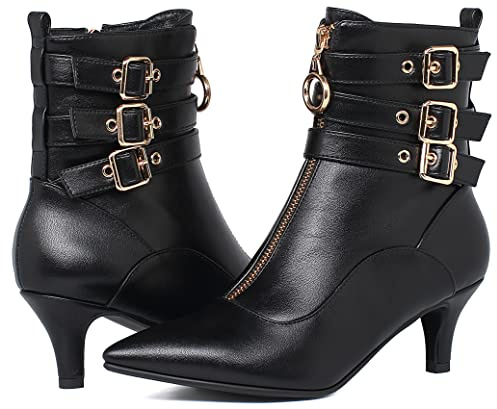KISSASA Womens Buckle Strap Kitten Heel Booties Pointed Toe Zipper Ankle Boots Black Size 6