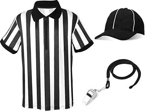 Shihanee Halloween Kids Referee Costume Set White Black Stripe Umpire Jersey Overturned Collar Referee Shirt Stainless Steel Whistle with Lanyard Hat for Basketball Football Soccer (Medium)