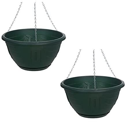 PHG Delicate Flower and Herb Plastic Hanging Basket | Large Garden Basket | Classic Plant Saucer | Wicker Hanging Basket | Easy Fill Hanging | Outdoor Planter | 32 cm (Pack of 2, Green)