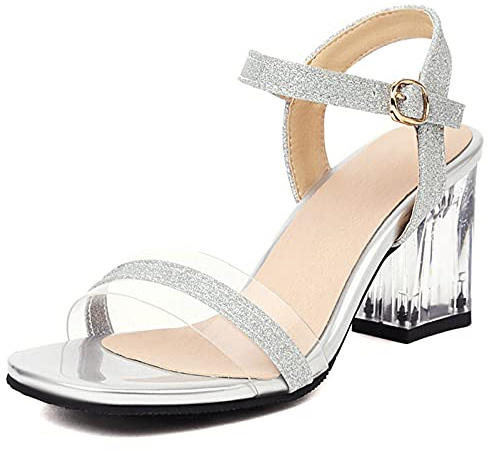 Bviennic Bride Vestito Tacco A Blocco Sandali Punta Aperta Eleganti Con Cinturino Alla Caviglia Sposa Sweet Bowknot Trasparente Festa Scarpe Argento Numero 32 Eu