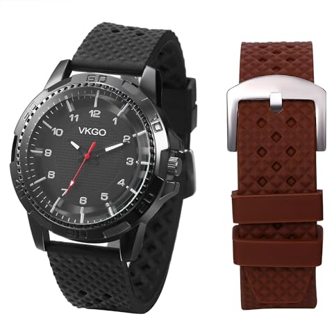 JewelryWe Militärklockor män silikon: Vintage steampunk analog kvarts armbandsur män svart gummiband fält taktisk militär klocka stor sportklocka med brunt ersättningsarmband och presentförpackning,