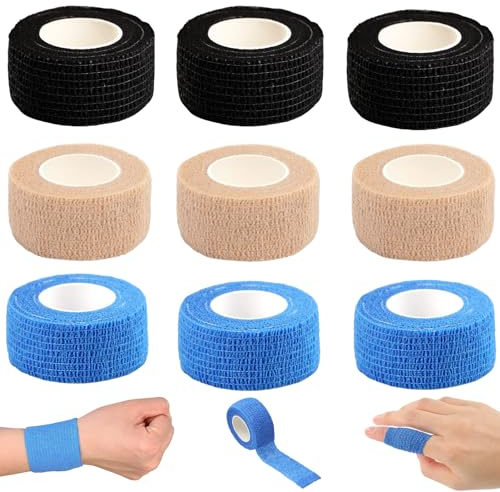 HANIUTTY 9x Rollen Pflaster Selbsthaftender Verband (2,5 cm x 4,5m), Wasserdichter Stretch Verbandsmaterial, Pflaster Selbsthaftend, Elastische Bandage Set Fester Verband (Schwarz, Blau, Hautfarben)