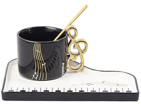 Taza de café de cerámica: tazas de café con mango para notas, taza de piano, capuchino tazas con plato y cuchara, regalos para músicos, taza de café para amantes de la música, Pascua, día de San