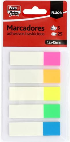 Fixo Notes | 125 transparente und repositionierbare Klebemarker aus Kunststoff, 12 x 45 mm, fluoreszierende Farben, Schreiben mit Bleistift oder Kugelschreiber, wasserfest, perfekt für Schüler