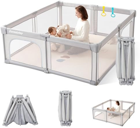 Laufstall Baby Faltbar 150x150cm, Laufgitter Baby Vormontiert Sicherer Spielbereich Zusammenklappbarer Playpen, Portabel Kinder Laufstall aus Stoff und Mesh für Indoor and Outdoor, Grau
