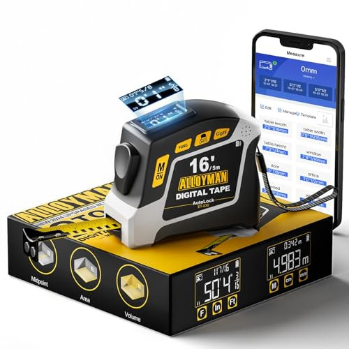 Alloyman Cinta Métrica Digital, 2 en 1 Cinta de 5M con 50 Memorias, 6 Unidades, 4 Modos de Medición, Bloqueo Automático, Gancho Magnético Ajustable, Impermeable, Antigolpes y Sincronización con App