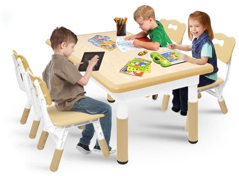 UISEBRT Kindertisch mit 4 Stühlen Kindersitzgruppe Höhenverstellbar Sitzgruppe für Kinder ab 2 Jahre, Tischset aus Kunststof Kindermöbel für Kindergarten und Kinderzimmer (Holzfarbe, 120 x 60 x 60 cm)