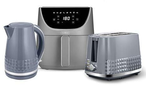 Tower Solitaire Kitchen Set, 1.5L Rapid Boil Kettle & 2 Slice Toaster & 6L Digital Single Basket Air Fryer, Grey T10075GRY, T20082GRY, T17127CGRY