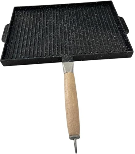 Bistecchiera artigianale, Rettangolare Double Face Liscia/Grigliata Nera, manico estraibile e Made in Italy