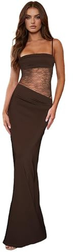 Sukiglam Lång klänning dam sexig spaghetti rem spetsklänning sommar ärmlös fyrkantig krage elegant bodycon-klänningar maxiklänningar med slitsar för kvällen ceremoni fest cocktail