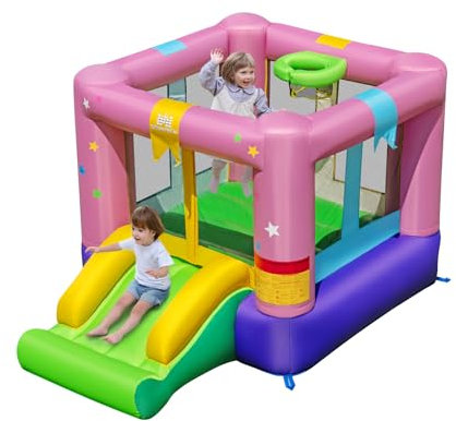 COSTWAY Château Gonflable Enfant avec Toboggan et Maison de Saut, Aire de Jeux Gonflable avec Panier et Sac de Transport, Intérieur Extérieur, Charge 90kg pour 2 Enfants de 3-12 Ans (sans Souffleur)