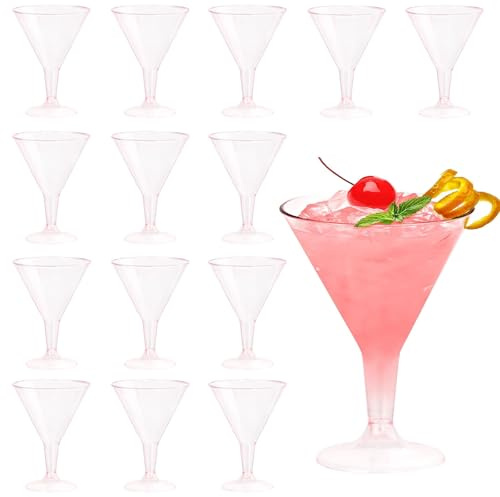 Plastic Martini Glasses, 15PCS Plastic Cocktail Glasses, 180ml Clear Party Cocktail Glasses for Champagne Mocktail Margarita Christmas Wedding Birthdays(Pink)