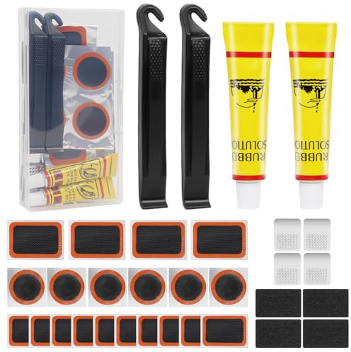 OSDUE Puncture Repair Kit,Glue Bike Tyre Puncture Repair Kit with Storage Case Repair Patches Glue Crowbars Metal Rasp for Bicycles Motorcycles BMX ATV Inflatable Tubes(A)