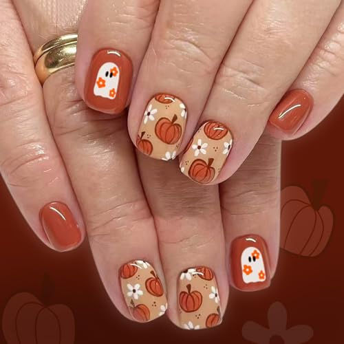 Ceboic 24Pcs Halloween Orange French Press on Nails, Short Square False Nails with Cute Ghost Pumpkin Flowers Design, Acrylic Full Cover Fake Nail, Removable Stick on Nails for Women DIY Manicure